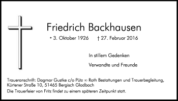 Anzeige von Friedrich Backhausen von Kölner Stadt-Anzeiger / Kölnische Rundschau / Express