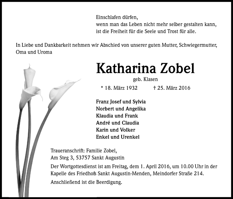  Traueranzeige für Katharina Zobel vom 30.03.2016 aus Kölner Stadt-Anzeiger / Kölnische Rundschau / Express