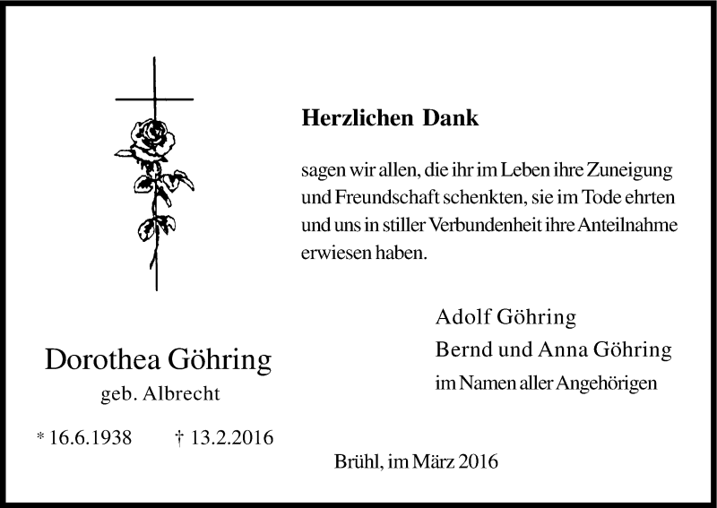  Traueranzeige für Dorothea Göhring vom 16.03.2016 aus Kölner Stadt-Anzeiger / Kölnische Rundschau / Express