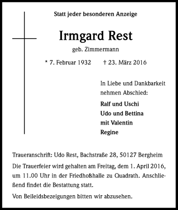 Anzeige von Irmgard Rest von Kölner Stadt-Anzeiger / Kölnische Rundschau / Express