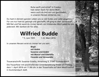 Anzeige von Wilfried Budde von Kölner Stadt-Anzeiger / Kölnische Rundschau / Express