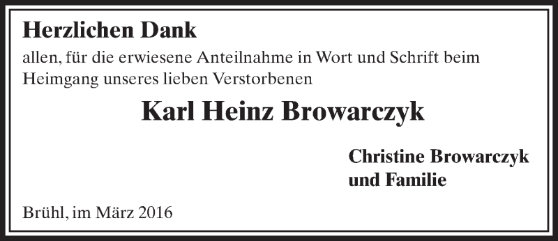  Traueranzeige für Karl Heinz Browarczyk vom 02.03.2016 aus  Schlossbote/Werbekurier 