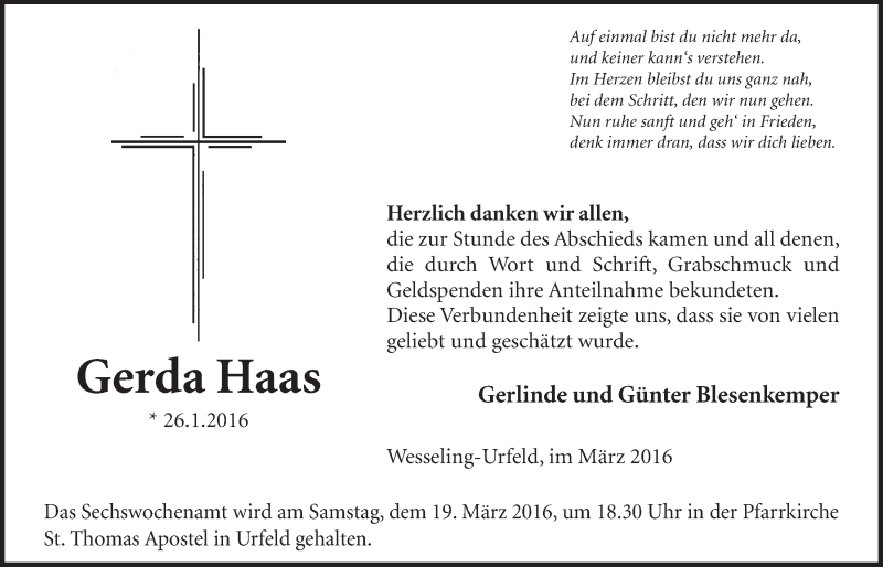  Traueranzeige für Gerda Haas vom 09.03.2016 aus  Schlossbote/Werbekurier 