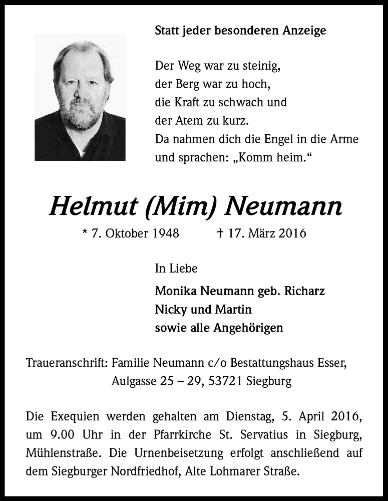  Traueranzeige für Helmut  Neumann vom 30.03.2016 aus Kölner Stadt-Anzeiger / Kölnische Rundschau / Express
