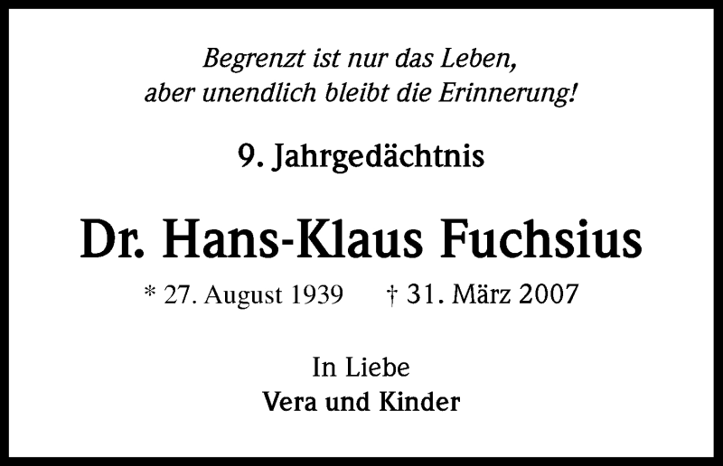  Traueranzeige für Hans-Klaus Fuchsius vom 31.03.2016 aus Kölner Stadt-Anzeiger / Kölnische Rundschau / Express