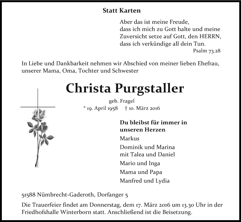  Traueranzeige für Christa Purgstaller vom 12.03.2016 aus Kölner Stadt-Anzeiger / Kölnische Rundschau / Express