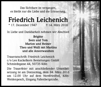 Anzeige von Friedrich Leichenich von Kölner Stadt-Anzeiger / Kölnische Rundschau / Express