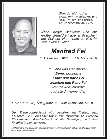 Anzeige von Manfred Fei von  Wochenende  Werbepost 