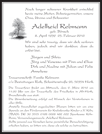 Anzeige von Adelheid Rebmann von  Wochenende 