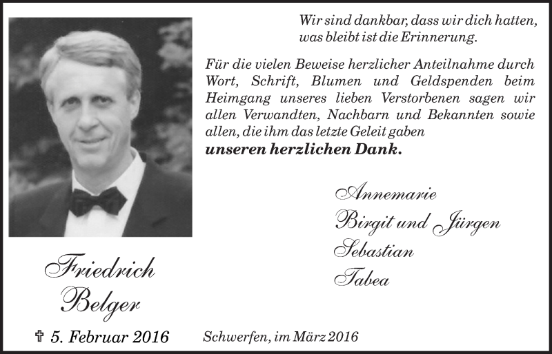  Traueranzeige für Friedrich Belger vom 20.03.2016 aus  Blickpunkt Euskirchen 