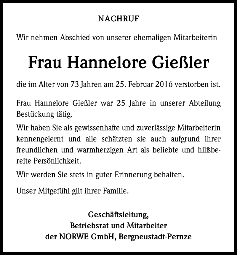  Traueranzeige für Hannelore Gießler vom 05.03.2016 aus Kölner Stadt-Anzeiger / Kölnische Rundschau / Express