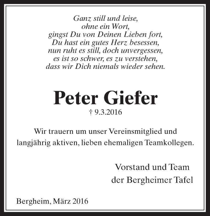  Traueranzeige für Peter Giefer vom 23.03.2016 aus  Werbepost 