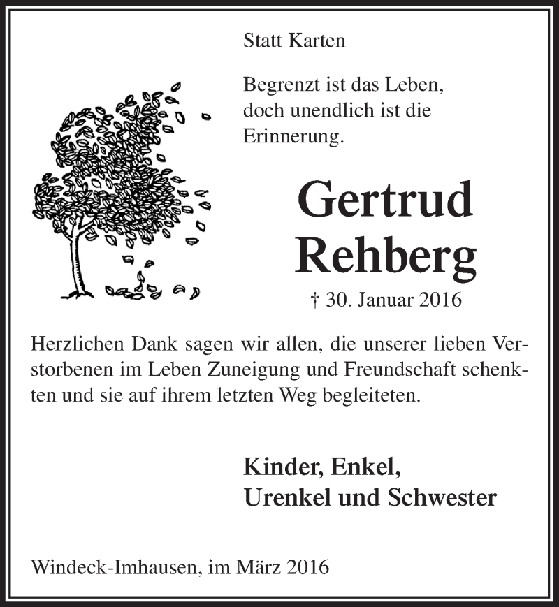  Traueranzeige für Gertrud Rehberg vom 09.03.2016 aus  Lokalanzeiger 