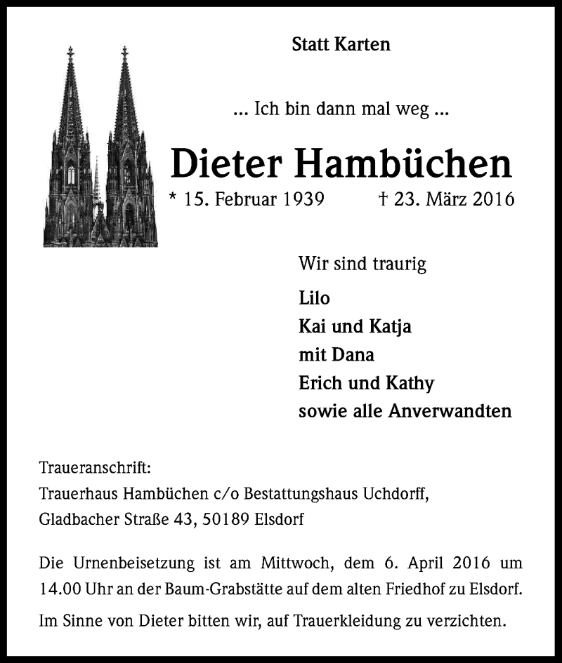  Traueranzeige für Dieter Hambüchen vom 26.03.2016 aus Kölner Stadt-Anzeiger / Kölnische Rundschau / Express