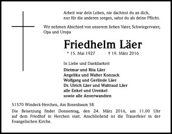 Anzeige von Friedhelm Läer von Kölner Stadt-Anzeiger / Kölnische Rundschau / Express
