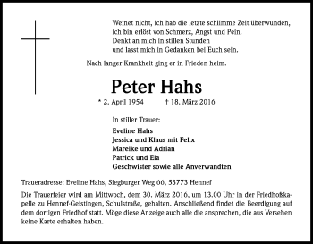 Anzeige von Peter Hahs von Kölner Stadt-Anzeiger / Kölnische Rundschau / Express