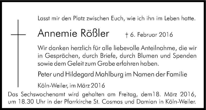  Traueranzeige für Annemie Rößler vom 12.03.2016 aus Kölner Stadt-Anzeiger / Kölnische Rundschau / Express