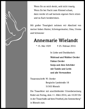 Anzeige von Annemarie Wielandt von Kölner Stadt-Anzeiger / Kölnische Rundschau / Express