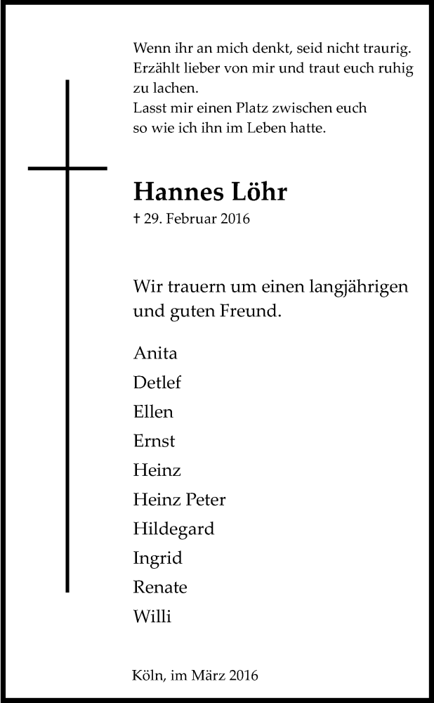  Traueranzeige für Hannes Löhr vom 05.03.2016 aus Kölner Stadt-Anzeiger / Kölnische Rundschau / Express