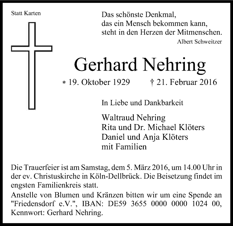  Traueranzeige für Gerhard Nehring vom 02.03.2016 aus Kölner Stadt-Anzeiger / Kölnische Rundschau / Express