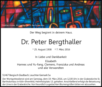 Anzeige von Peter  Bergthaller von Kölner Stadt-Anzeiger / Kölnische Rundschau / Express