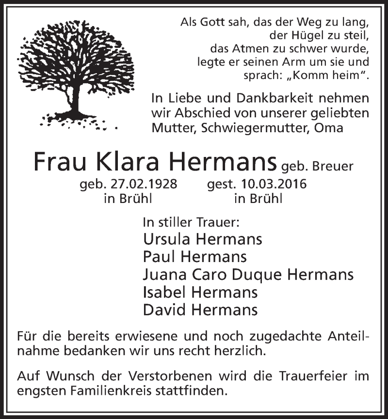  Traueranzeige für Klara Hermans vom 16.03.2016 aus  Schlossbote/Werbekurier 