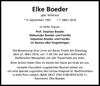 Anzeige von Elke Boeder von Kölner Stadt-Anzeiger / Kölnische Rundschau / Express
