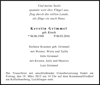 Anzeige von Kerstin Grimmel von Kölner Stadt-Anzeiger / Kölnische Rundschau / Express