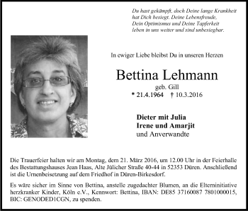 Anzeige von Bettina Lehmann von Kölner Stadt-Anzeiger / Kölnische Rundschau / Express
