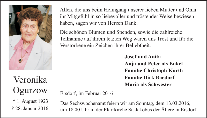  Traueranzeige für Veronika Ogurzow vom 02.03.2016 aus  Schaufenster/Blickpunkt 