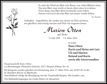 Anzeige von Marion Otten von  Sonntags-Post 