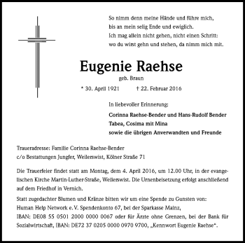 Anzeige von Eugenie Raehse von Kölner Stadt-Anzeiger / Kölnische Rundschau / Express