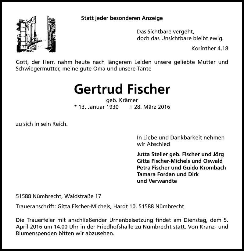  Traueranzeige für Gertrud Fischer vom 01.04.2016 aus Kölner Stadt-Anzeiger / Kölnische Rundschau / Express
