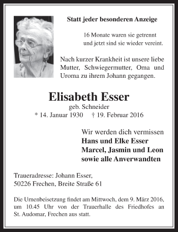 Anzeige von Elisabeth Esser von  Wochenende 
