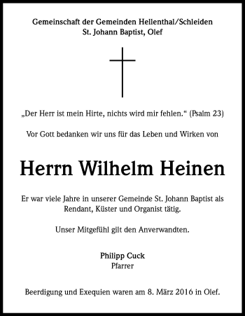 Anzeige von Wilhelm Heinen von Kölner Stadt-Anzeiger / Kölnische Rundschau / Express