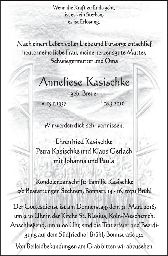 Traueranzeige für Anneliese Kasischke vom 30.03.2016 aus  Schlossbote/Werbekurier 