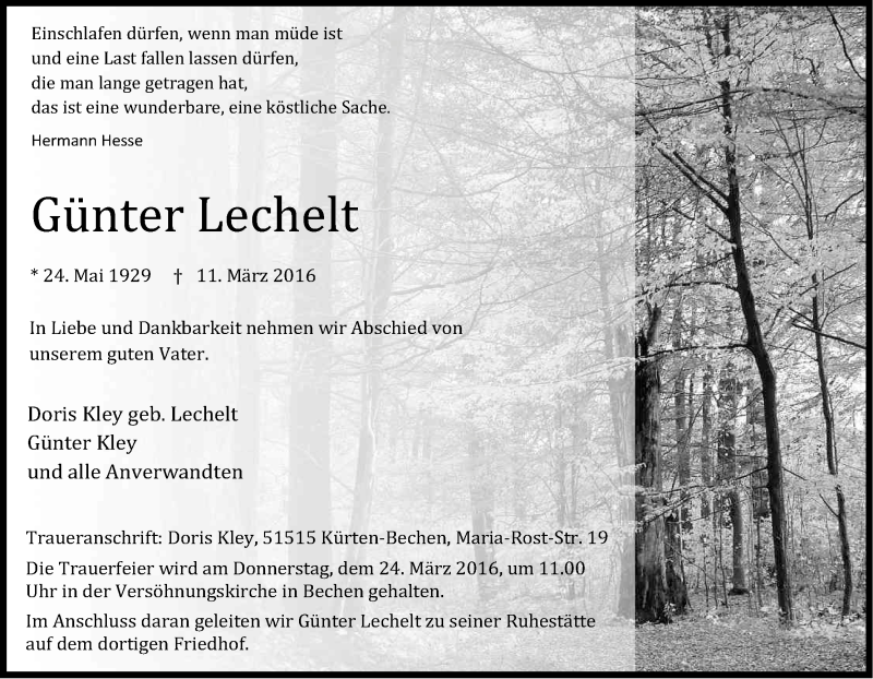  Traueranzeige für Günter Lechelt vom 19.03.2016 aus Kölner Stadt-Anzeiger / Kölnische Rundschau / Express