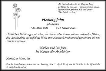 Anzeige von Hedwi John von Kölner Stadt-Anzeiger / Kölnische Rundschau / Express
