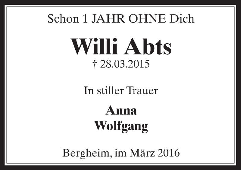  Traueranzeige für Willi Abts vom 23.03.2016 aus  Werbepost 
