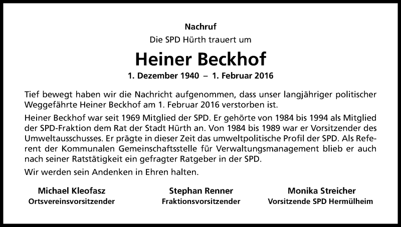  Traueranzeige für Heiner Beckhof vom 19.03.2016 aus Kölner Stadt-Anzeiger / Kölnische Rundschau / Express