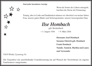 Anzeige von Ilse Hombach von  Anzeigen Echo 
