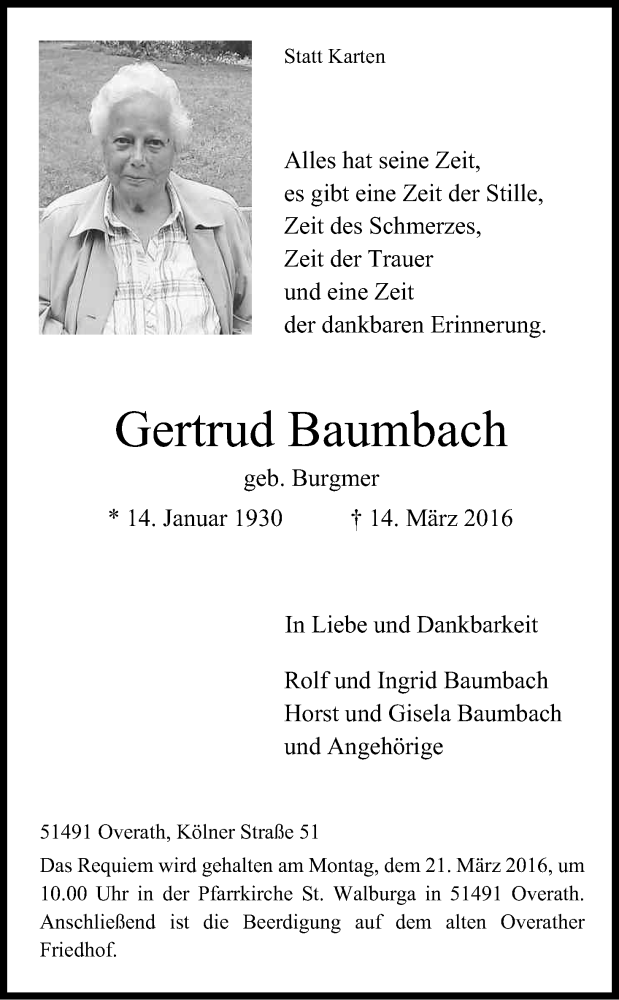  Traueranzeige für Gertrud Baumbach vom 18.03.2016 aus Kölner Stadt-Anzeiger / Kölnische Rundschau / Express