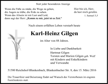 Anzeige von Karl-Heinz Gilgen von Kölner Stadt-Anzeiger / Kölnische Rundschau / Express