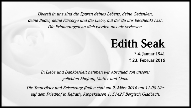  Traueranzeige für Edith Seak vom 04.03.2016 aus Kölner Stadt-Anzeiger / Kölnische Rundschau / Express