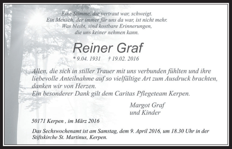  Traueranzeige für Reiner Graf vom 23.03.2016 aus  Werbepost 