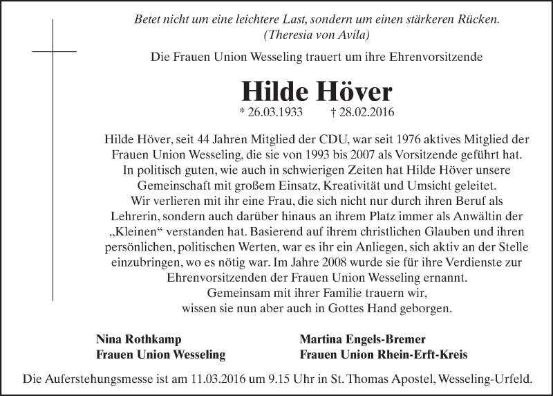  Traueranzeige für Hilde Höver vom 09.03.2016 aus  Schlossbote/Werbekurier 