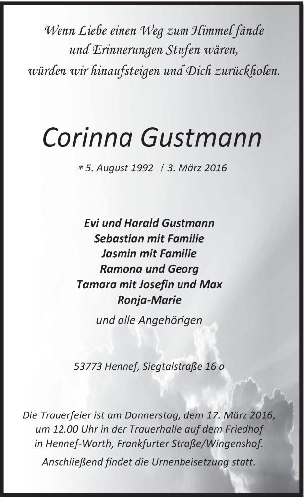  Traueranzeige für Corinna Gustmann vom 16.03.2016 aus  Extra Blatt 