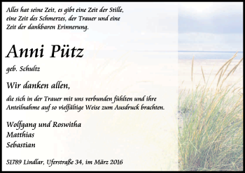Anzeige von Anni Pütz von Kölner Stadt-Anzeiger / Kölnische Rundschau / Express