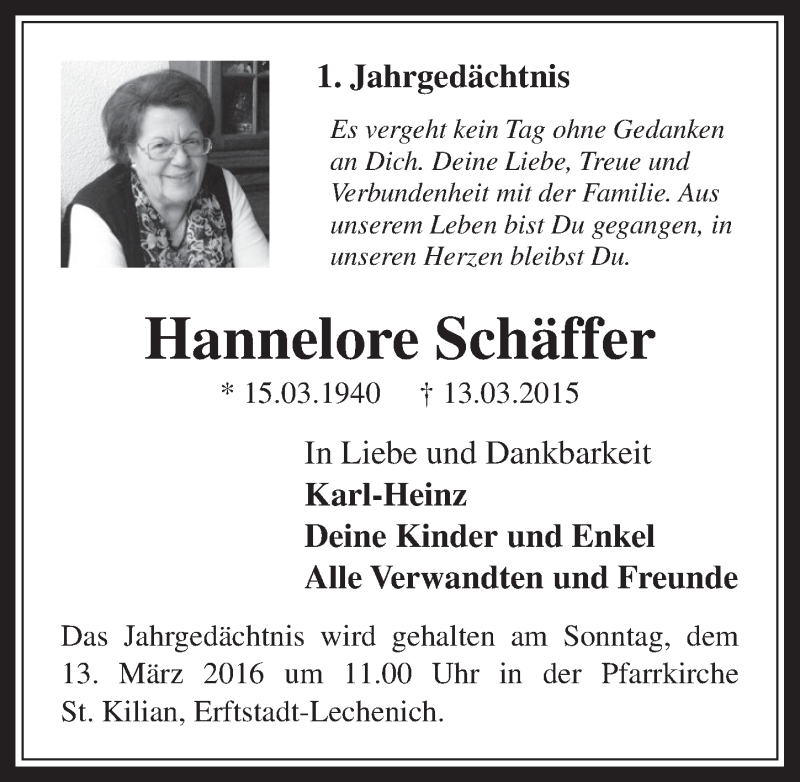  Traueranzeige für Hannelore Schäffer vom 09.03.2016 aus  Werbepost 