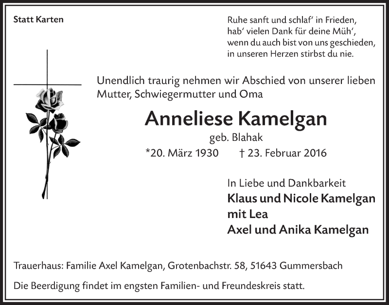  Traueranzeige für Anneliese Kamelgan vom 02.03.2016 aus  Anzeigen Echo 